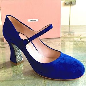 COPY - MIU MIU - Navy Blue Suede Mary Jane Glitter Detailed Heels